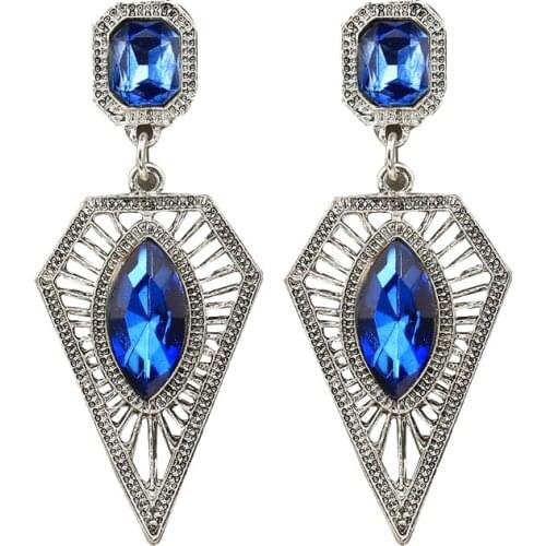 New Vintage Ethnic Antique Silver Plated Triangle Geometric Crystal Drop Earring for Women Statement Party Long Pendant Earrings