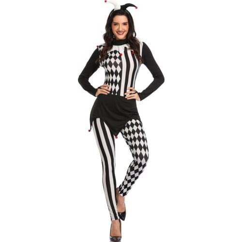 Black and White Funny Clown Costume Adult Women Halloween Cosplay Circus Clown Jumpsuit