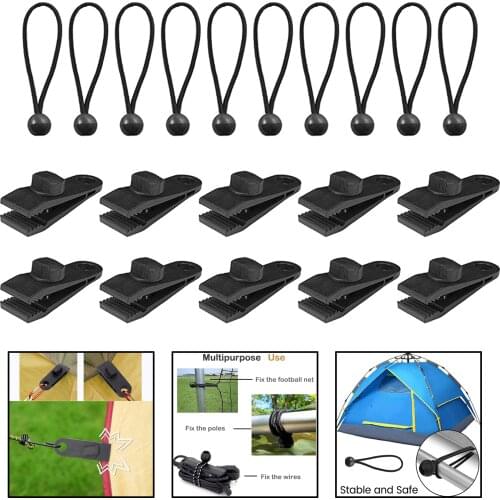 10/12Pcs Awning Tarp Clamp Set Tent Clips 10 Clip+Black Bungee
