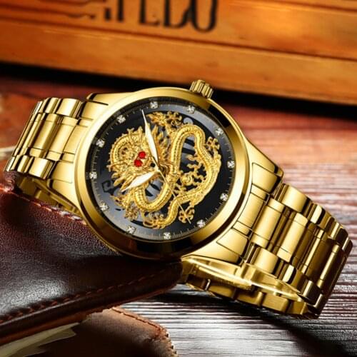 AIYISHI 3D Sculpture Dragon Gold Men Watches Waterproof Night Light Business Quartz Watch for Male Top Luxury brand Wristwatch