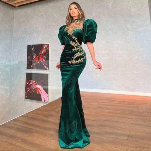 Arabic Evening Dress High Neck Appliques Gold Pleats Short Sleeves Mermaid Prom Gown Velvet Party Dresses Vestido Abendkleider