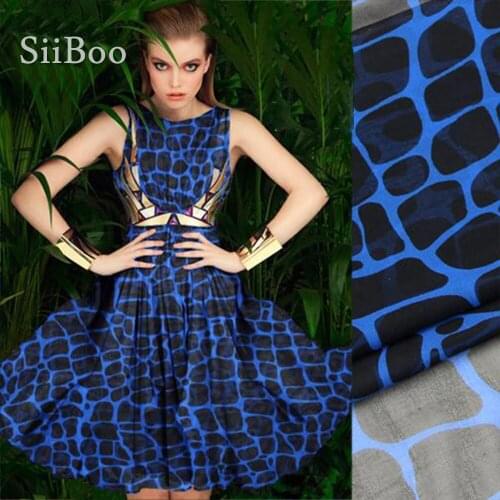 Designer luxury black blue geometric print pure 100% silk georgette fabric for dress shirt 8mm tissue tela SP2038 Free shipping