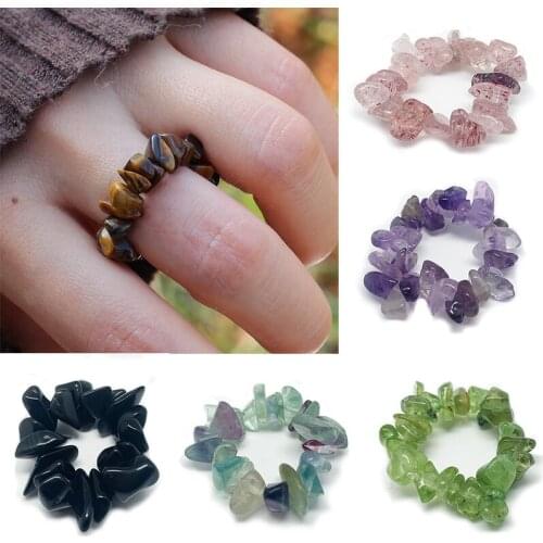 Stretchy Handamde Amethyst Rings Women Girls Irregular Natural Stone Finger Jewelry Bohemian Tigereye Olivine Wedding Party Ring