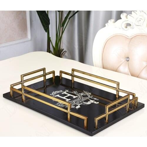 European Glass Storage Trays Metal Frame Desktop Tableware Tray Living Room Decoration Bathroom Ornaments Toiletries Organizer