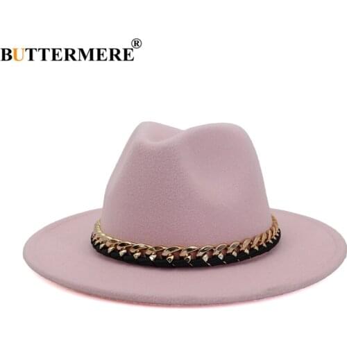 BUTTERMERE Women Fedoras Mens Fashion Jazz Hat Autumn Winter Woolen Cap Pink Black Gray Navy Red Outdoor Casual Hat