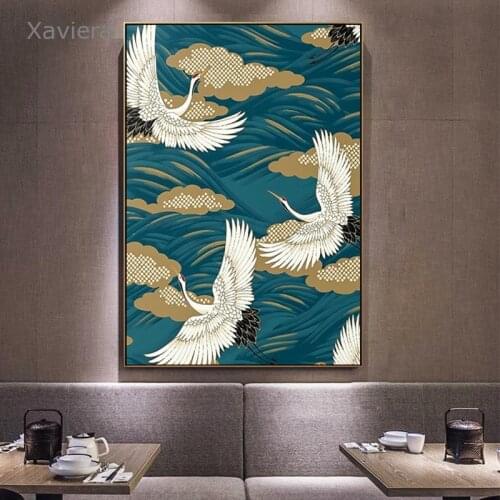 Chinese Style White Crane Canvas Painting Art Poster Home Decoration Blue Wall Painting Picture Home Decorating Study Room Mural