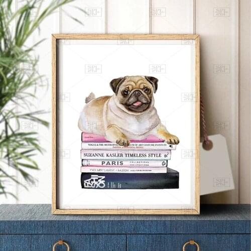 Books Stacked Canvas Painting Pug Dog Animals Wall Art Picture Nordic Posters and Prints for Living Room Fashion Art Home Decor