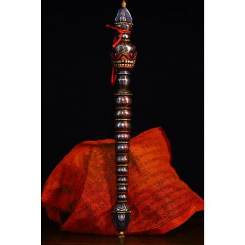 13"Tibet Temple Collection Old Tiantie mosaic gem Skull head statue Dorje Vajra Phurpa Ornaments Town House Exorcism