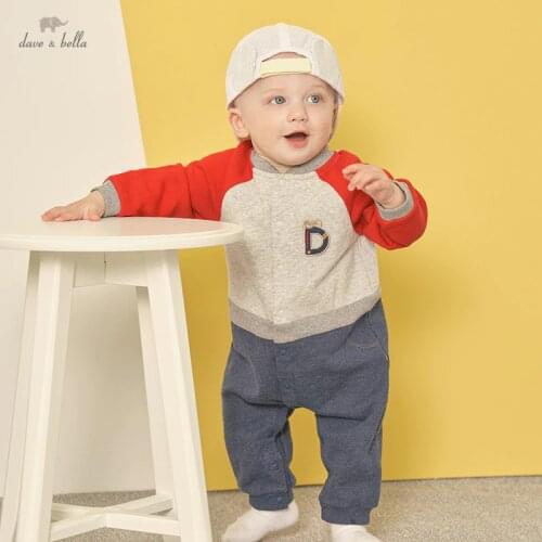 DBH18012 dave bella autumn new born baby boys fashion cartoon patchwork jumpsuits infant toddler clothes children romper 1 piece
