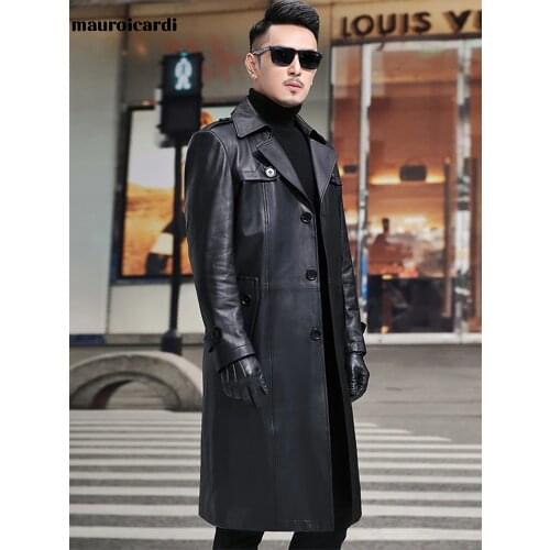 Mauroicardi Spring Long Black Waterproof leather blazer men long sleeve lapel belt Autumn soft faux leather coats for men 5xl