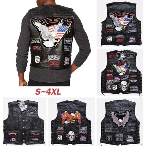 Motorcycle Leather Vest Men Motorcycle Jacket Bicycle Casual Waistcoat with Punk Retro Classical Badges Motocross Equipment