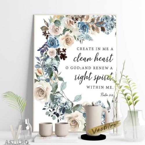 Psalm Clean Heart Bible Verse Wall Art Poster Floral Print Scripture Christian Housewarming Gift Church Minimalist Home Decor