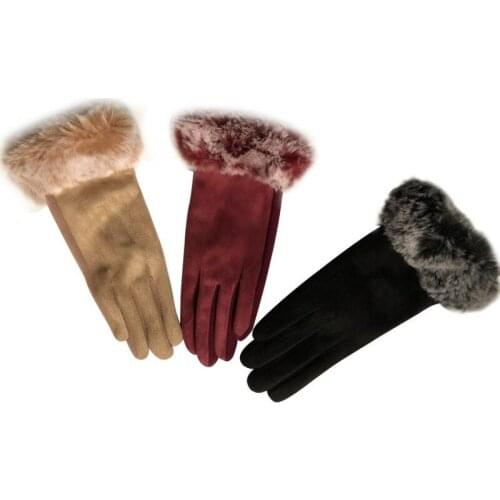 New Womens Fur Embroidered Riding Gloves Fashion Velvet Padded Warm-Keeping and Cold-Proof Ski Gloves for Women