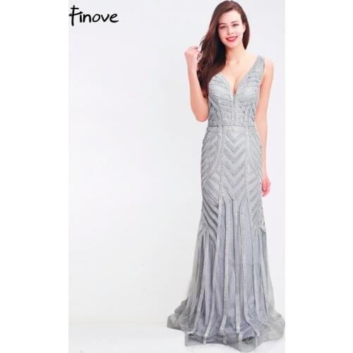 Finove Stunning Evening Dress Long 2020 New Sexy V Neck Backless With Crystals Floor Length Elegant Party Dress Gowns Plus Size