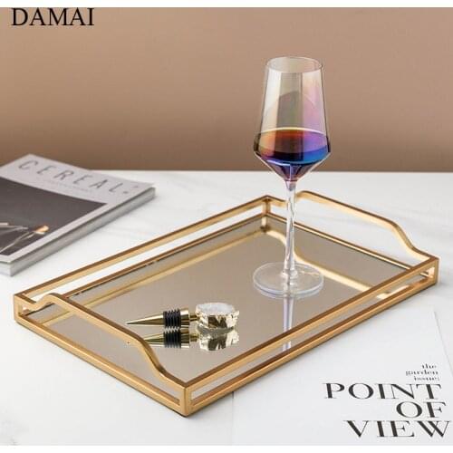 Luxurious Golden Glass Mirror Trays Decorative Gilded Hollowation Bar Wine Set Display Serving Tray Home Living Room Decoration