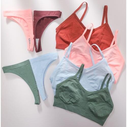 Women Bra and Panty Set Seamless Bra Top Thong Underwear Female Sexy Lingerie Set Ribbed Bralette Crop Top Fitness Brassiere