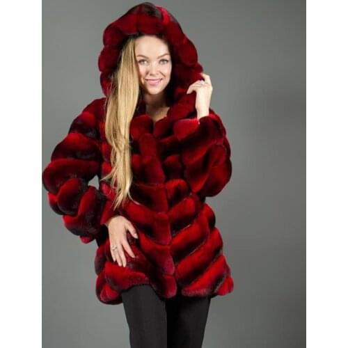 Red Hooded Fur Coat Women Winter Fashion Rex Rabbit Jacket Mid-Length Overcoat