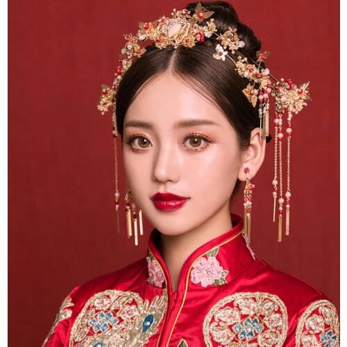 Tranditonal Wedding Hair Accessories Chinese Bride Handmade Headbands Butterfly Pearl Hair Combs Hairpins Hair Sticks Bridal Set