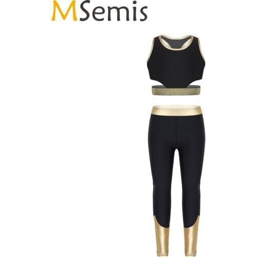 Kids Girls Ballet Dance Costume Outfit Dance Gymnastics Leotard Tanks Bra Tops Crop Top With Leggings Pants Workout Dance Wear