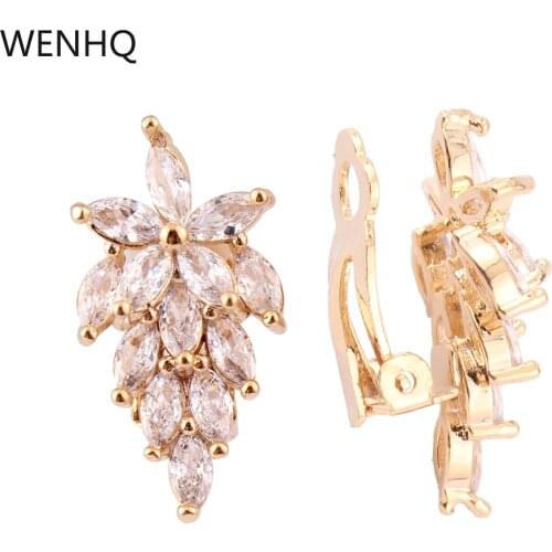 WENHQ AAA CZ Leaf Shape Clip on Earrings Not Pierced for Women Girls Luxury Fashion Bridal Wedding Ear Cuff Earrings Good Gift