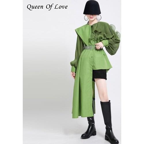 Japanese Style Women Autumn Winter Retro Stitching Pleated Shirt 2020 New Runway Streetwear Irregular Long Tops