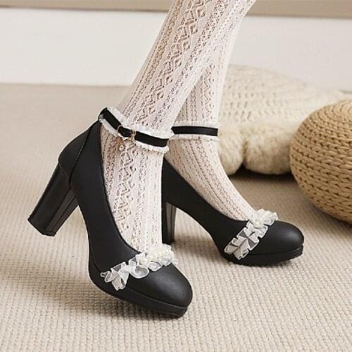 Women Black Pumps 2021 Spring Fashion Shoes Female High Heels White Pink blue Round Toe Mary Jane Shoes Mujer