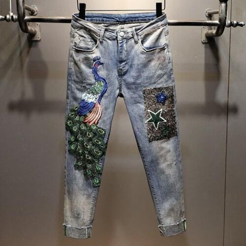 Women Jeans Large Size Peacock Embroidery Jeans Women Elasticity High Waist Pencil Jeans for Girls Light Blue Ankle-length