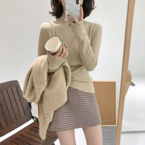 2021 Women Mock Neck Sweaters Autumn Winter Korean Slim Pullover Female Basic Tops Casual Soft Knit Sweater Warm Jumper