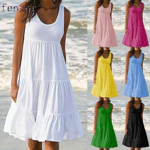 Beach dress Plus size dress 2020 summer casual womens sleeveless round neck solid color stitching big swing beach skirt dress