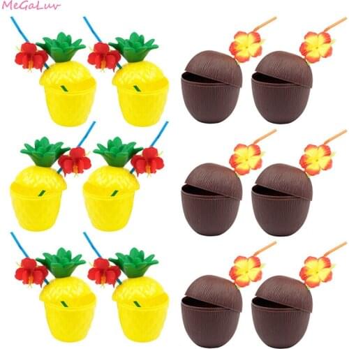 6Pcs Plastic Tropical Pineapple Coconut Drinking Cup Fruit Shape Juice Cups Hawaiian Luau Birthday Summer Beach Pool Party Decor