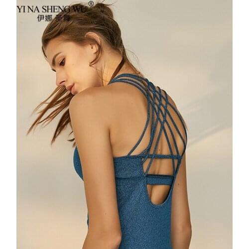 Quick Dry Fit Backless Strappy Yoga Tops Blue Wourkout Clothes Activewear Built in Bra Gym Tank Tops For Women Running Shirts