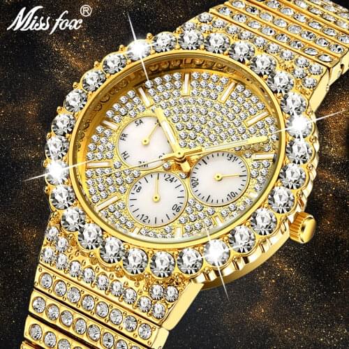MISSFOX Mens Watches Big Rainbow Luxury Brand 18k Gold Fashion Wrist Watch Men Top Selling Iced Out Quartz Wristwatch Gift 2020