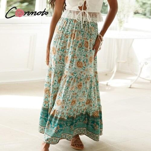 Conmoto 2021 Green bohemian print woman skirts casual printed holiday long skirt spring summer elegant ladies printed bottoms