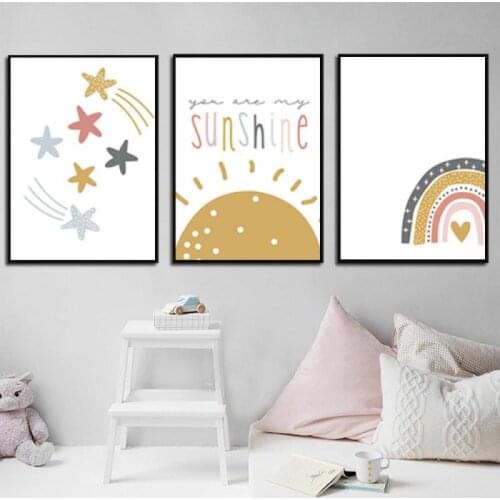 Kids Baby Nursery Canvas Painting Cartoon Sunshine Rainbow Wall Art Poster for Baby Girl Boy Room Decor