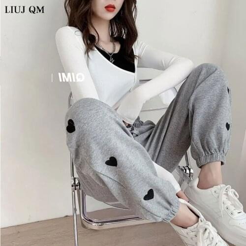 Spring Joggers Women Pants 2021 Fashion Heart Print Sweatpants Women High Waist Wide Leg Woman Loose Pants Black Trousers