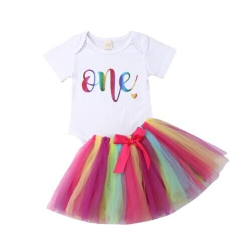 2PCS Newborn Baby Girl Clothes Set Short Sleeve Princess My 1st Birthday Romper Tops + Rainbow Color Tulle Tutu Skirt Outfits