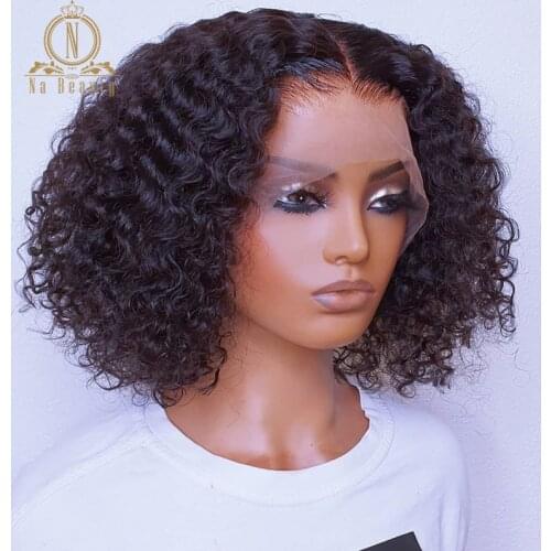 Short Curly Bob Wigs T Lace Part Human Hair Wig Bleached Knots Preplucked Transparent Lace Front Wig Black Women Nabeauty Remy