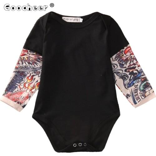 2020 Autumn Winter Newborn Cotton Clothes Baby Boy Bodysuit Tattoos Printed Long Sleeve Jumpsuit Outfits Black Gray