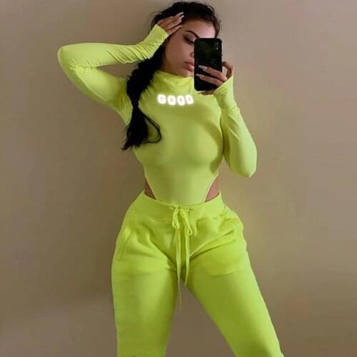 Autumn Sexy Women Reflective Letter Print Neon Green Playsuit Bodysuit Clubwear Long Sleeve Autumn Slim Jumpsuit Rompers Tops