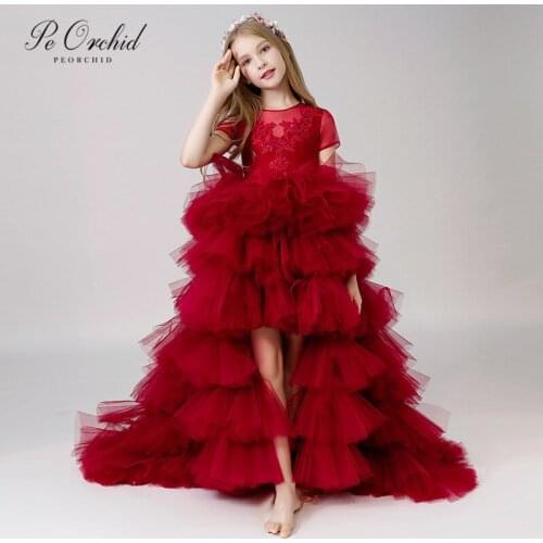 PEORCHID High Low Tea Party Dresses For Little Girls Princess Pageant Gowns Galajurk Meisjes Tulle Burgundy Fowers Girl Dresses