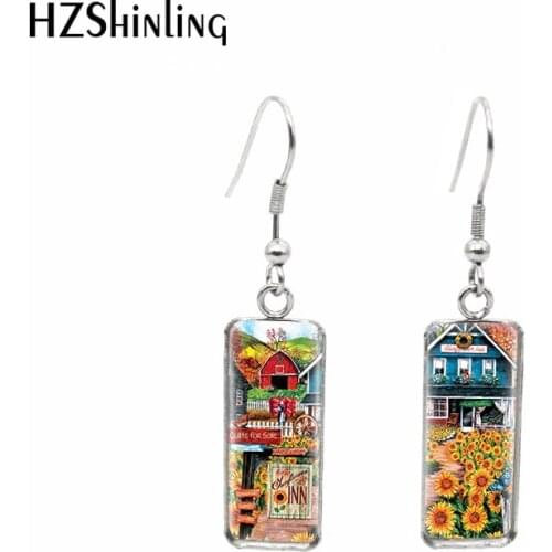 2020 New Sunflower Garden Earring Yellow Flowers Rectangular Hook Earrings Glass Dome Photo Jewelry Handmade