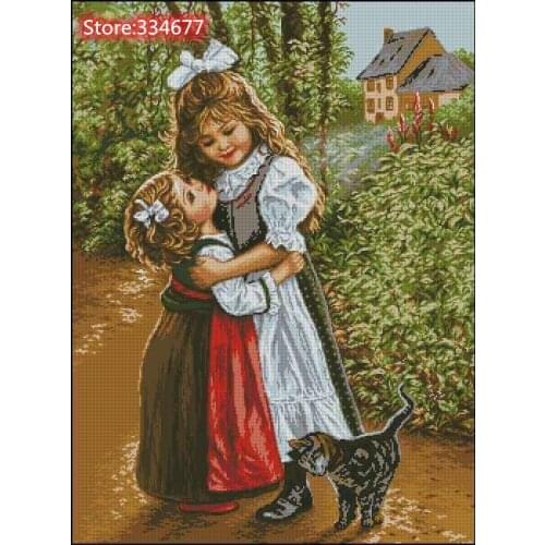 Sisters and Cat, Girl Top Quality Embroidery Needlework Print 14CT Unprinted Art Cross Stitch Kits DIY Handmade Decor