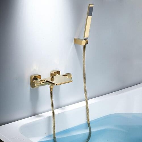 Bathtub Faucets Gold Brass Bath Shower Set Waterfall Shower Set Bathtub Mixer Tap Dual Contral Shower Wall Mounted For Bathroom
