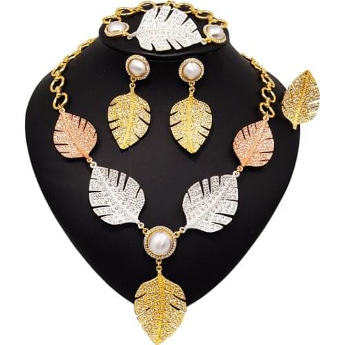 Yulaili Exquisite Dubai Gold Jewelry Sets for Women Big Leaf Shape Crystal Pendant Necklace Earrings Bracelet Ring Jewelery