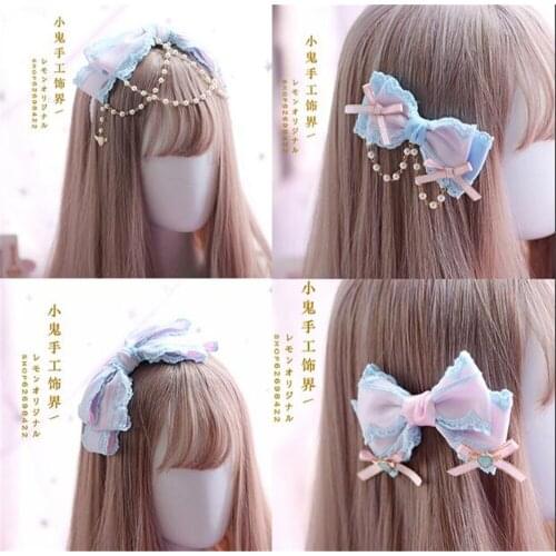Pink blue Gothic Lolita Lace Trim KC hair pin Pearls Bow Handwork Hair Accessories Headwear Womens Headdress B453