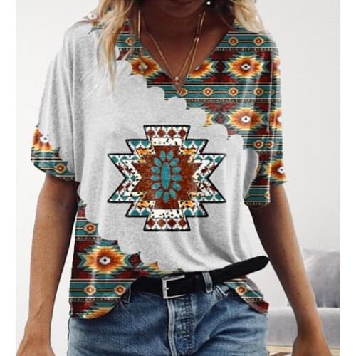 50% Dropshipping!!Women T-shirt Geometric Print V Neck Summer Short Sleeve All Match Top for Beach