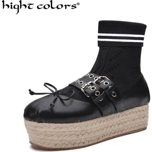 Pink Fall Women Sock Boots Ballet Shoes Belt Buckle Elastic Mid-Calf Boots Women Ladies Platform Height Increasing Shoes T3320