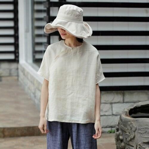Johnature New Women O-Neck Short Batwing Sleeve Tops 2021 Summer Vintage Solid Color Botton Cotton Linen Pullover Shirts