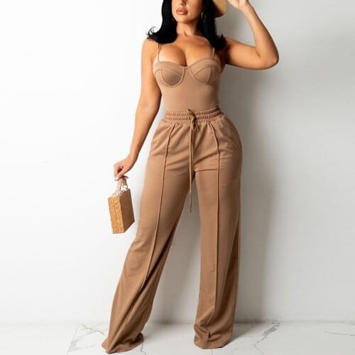 Women Set Spaghetti Strap Solid Drawstring V-Neck Sleeveless Casual Loose Pants Overalls Summer 2 Piece Set