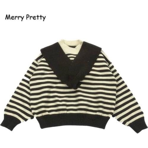 MERRY PRETTY Womens’ Striped Embroidery Scarf Knitted Sweaters 2020 Winter Warm Lantern Sleeve Jacquard Sweater Knit Pullovers